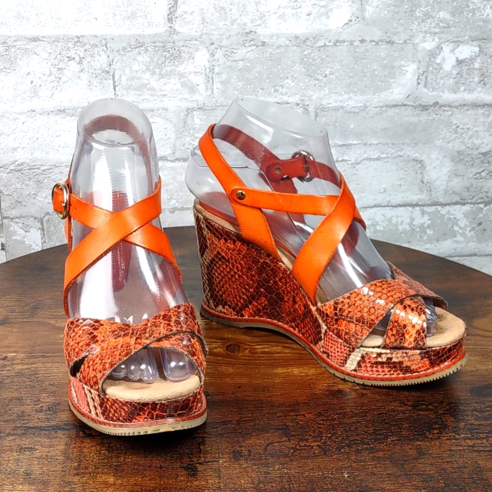 Andre` Assous Snake Embossed Leather Platform Wedge Sandals